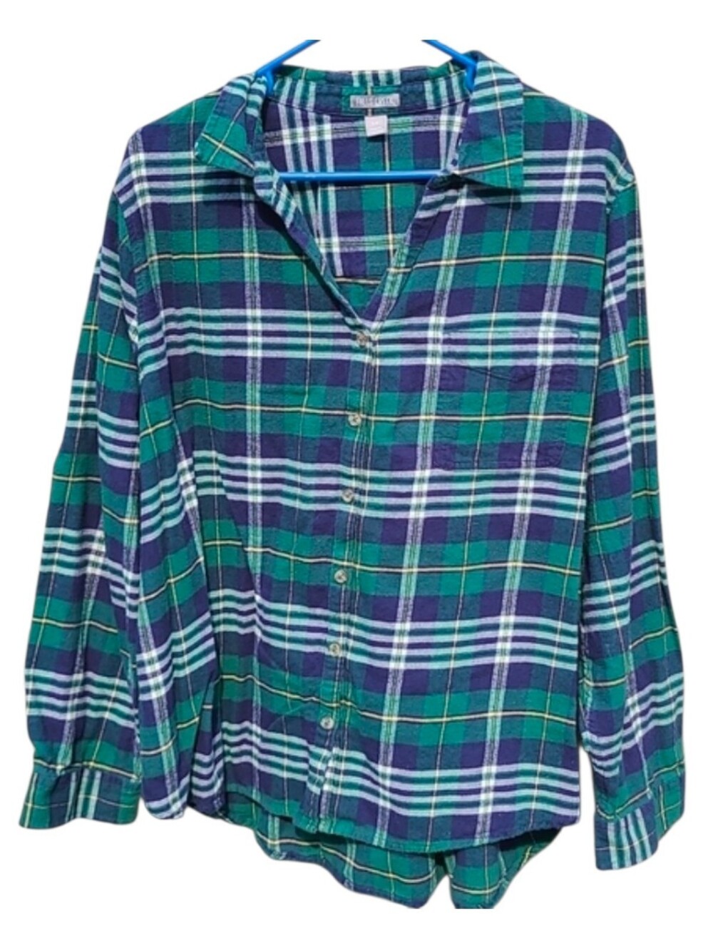 Falls Creek Plus Size 3X Green Purple Blue Plaid Flannel Button Down Shirt
